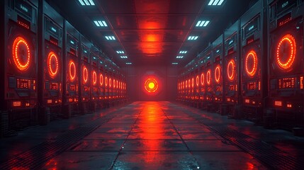 Futuristic server room with red and blue neon lights.