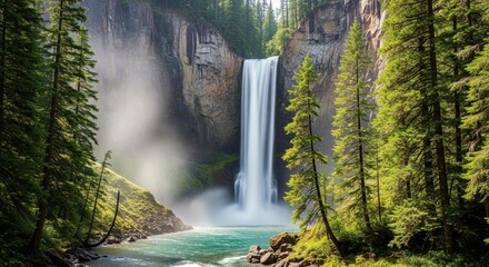 Majestic waterfall between pine forest cliffs