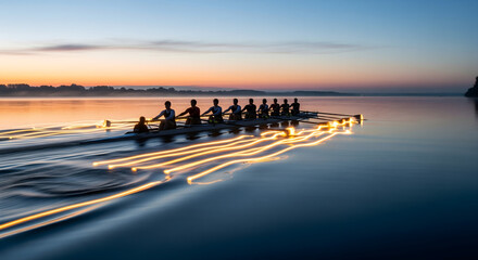 A Crew Team Glides Across a Calm Lake at Dawn, The Tranquil Beauty of Rowing at Sunrise