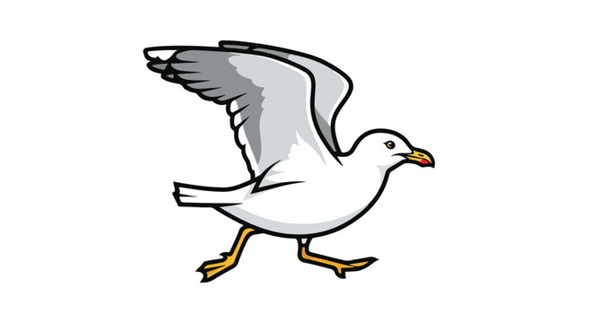 Stylized seagull depiction of avian creature with wings outstretched in mid-flight, legs animated in running posture to emulate energy