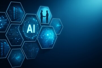 AI technology concept with glowing hexagonal icons showing artificial intelligence, data processing, and digital collaboration on dark background. Ai generative