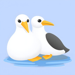 Fototapeta premium A cute and simple cartoon illustration of two white birds with black wings and yellow beaks standing in shallow water