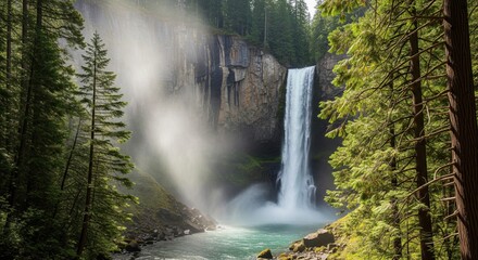 Waterfall among evergreen forest and rocks