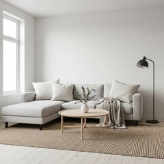 Modern Minimalist Living Room Interior with Light Grey Sectional Sofa, Wooden Coffee Table, and Natural Decor