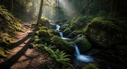 Sunlight filtering through forest waterfall trail