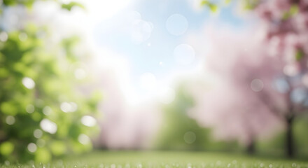 Obraz premium Blurry spring landscape with pink blossoms and green grass