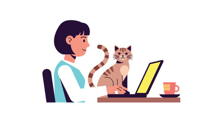 Woman working on laptop with feline companion at home, illustrating cozy workspace ambience with domestic animal and beverage
