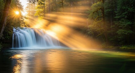 Golden waterfall glowing under morning sunlight