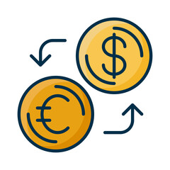 Currency Exchange Illustration with Euro and Dollar Coins in Yellow and Blue on Transparent Background
