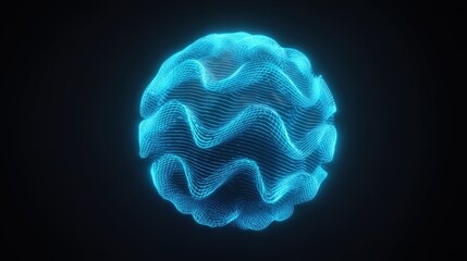 Futuristic glowing blue abstract wave sphere with digital line grid pattern on black background, representing big data technology, global network, science visualization, and modern innovation concept 
