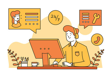 Customer Support Orange and White Illustration of Operator with Headset Using Computer at Desk with Service Speech Bubbles on Transparent Background