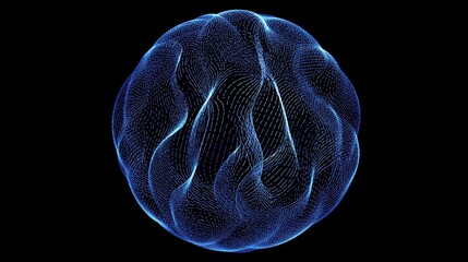Futuristic glowing blue abstract wave sphere with digital line grid pattern on black background, representing big data technology, global network, science visualization, and modern innovation concept 