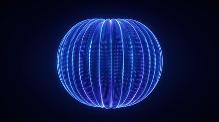 Futuristic glowing blue abstract wave sphere with digital line grid pattern on black background, representing big data technology, global network, science visualization, and modern innovation concept 