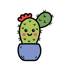 Cute Cartoon Cactus in Blue Pot with Red Flower on Transparent Background