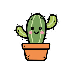 Cute Cartoon Cactus in Orange Pot with Smiling Face and Pink Cheeks on Transparent Background