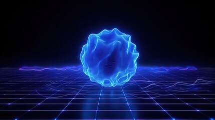 Futuristic glowing blue abstract wave sphere with digital line grid pattern on black background, representing big data technology, global network, science visualization, and modern innovation concept 