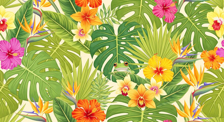 Exotic Tropical Seamless Pattern: Vibrant Flowers, Lush Leaves, and a Green Tree Frog Illustration
