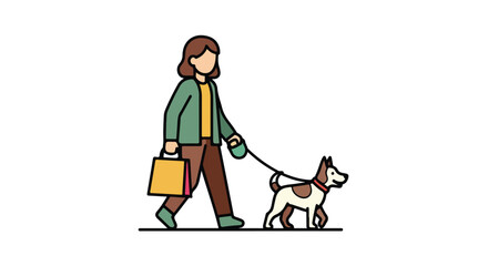 Stylized depiction of a woman walking her dog with shopping bag on a solid white background for various creative projects