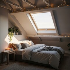 Cozy Attic Bedroom with Skylight, String Lights, and Potted Plants, Bathed in Warm Morning Sunlight, Creating a Serene and Inviting Ambiance for Relaxation