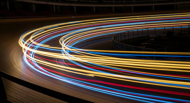Velodrome Speed Blur: A Symphony of Light and Motion on the Track, Speed of Light, Light Trails on a Velodrome