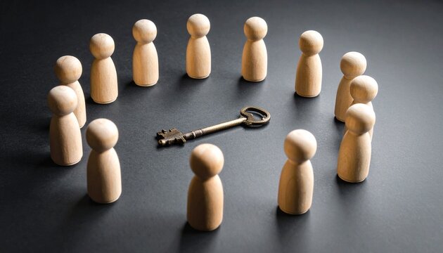 Wooden figurines encircle metallic key on dark surface, symbolizing collective focus, access, and shared purpose.
