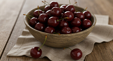 Fresh Ripe Dark Red Cherries with Stems in a Rustic Wooden Bowl.