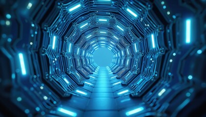Futuristic blue tunnel with glowing lights and honeycomb pattern. Abstract geometric design creates sense of depth and motion, perfect for tech and science themes.