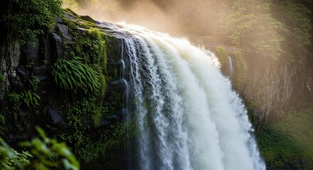 Massive waterfall surrounded by green moss and forest