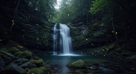 Peaceful waterfall in dark green forest under mist