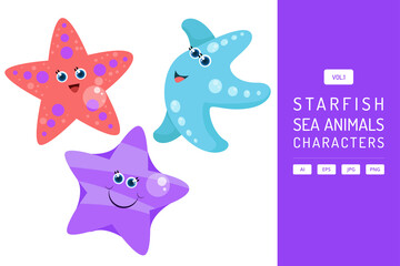 Colorful Smiling Starfish Pixel Art with Purple Backdrop Sea Animal Characters Pixelated Design Cute Marine Life with Transparent Background