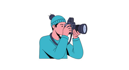 Illustrative scene of a young photographer capturing moments with modern camera equipment against a blank backdrop to isolate the subject for design