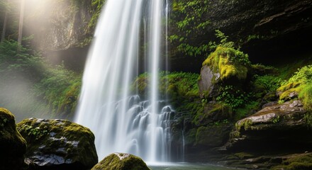 Powerful waterfall in mossy canyon forest