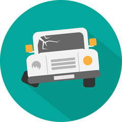Crashed White Car with Cracked Windshield on Teal Background Cartoon Flat Design Icon