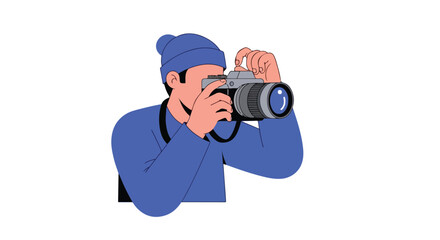 Illustration of photographer with professional camera taking pictures in blue clothing and a hat, against white background, photography is his hobby