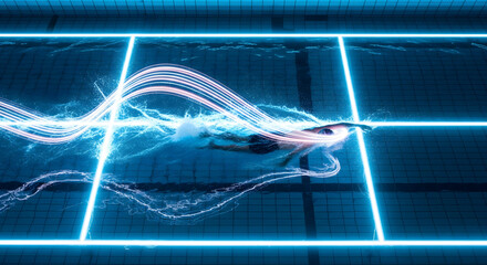 A swimmer in motion: Artistic portrayal of athleticism and grace under illuminated water, Swimmer with energetic streaks creating a dynamic representation of a champion