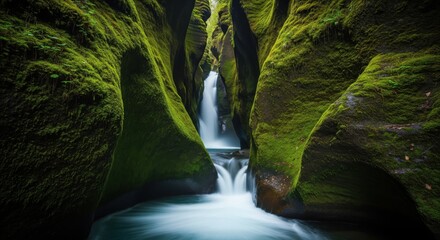 Deep canyon waterfall surrounded by emerald forest