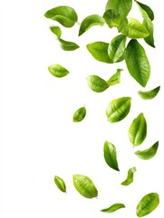 Green plant leaves suspended in midair isolated on clean white backdrop - floating foliage, natural botanical elements, flying leaves pattern, nature concept, organic design, environmental illustratio
