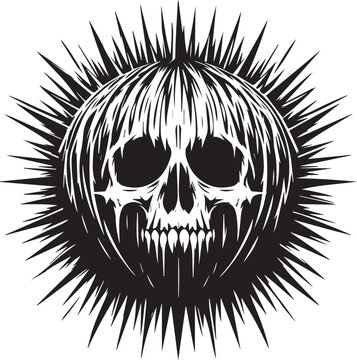 Intricate black and white illustration of a skull with spiky details and radial design