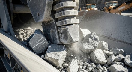 Close-up of heavy-duty machinery crushing rocks at a construction or quarry site, generating dust and stone fragments.