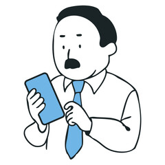 Vector illustration of a middle-aged businessman operating a smartphone, light blue accent, front view
（スマートフォンを操作する中年ビジネスマンのベクターイラスト／ライトブルーのアクセント）