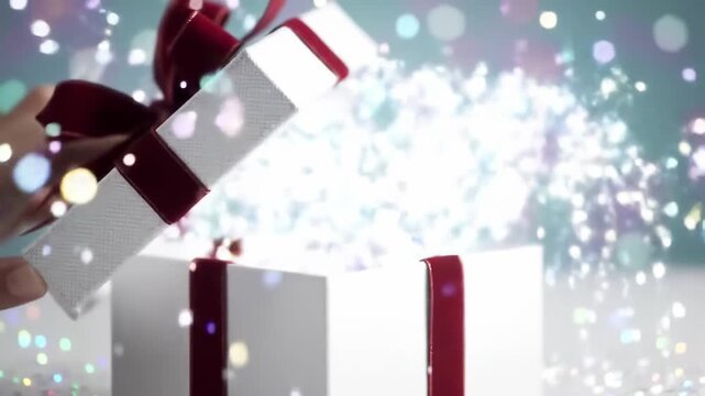 Opening a Gift Festive Surprise with Lights and Ribbon