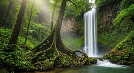 Waterfall flowing between large tropical tree roots