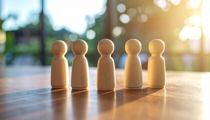 Wooden figurines gather under warm light, symbolizing community, interaction, and shared presence.