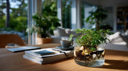 A stunning indoor scene featuring a glass planter with lush greenery and decorative stones, bringing a touch of nature into a bright, modern living space.
