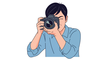 Focused photographer capturing moments through the lens of his professional camera while expertly holding it with both hands aimed at the subject