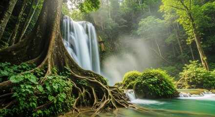 Waterfall under bright sunlight surrounded by lush forest