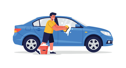 Enthusiastic individual meticulously washing a vibrant blue car with focused attention and gleaming results, embodying pride in vehicle upkeep