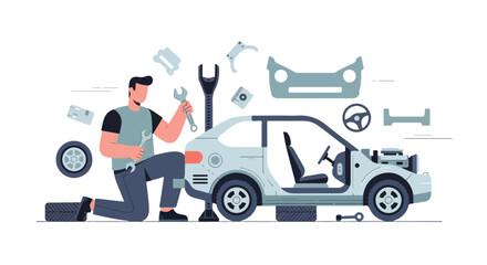 Auto mechanic repairing car: Conceptual illustration of vehicle maintenance and restoration showcasing professional service and component replacement