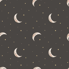 Naklejka premium Pattern cute moon with golden stars. Hand-drawn watercolor illustration in childish style. Seamless print isolated on dark gray background for clothing fabric, textiles, packaging, wallpaper, printing