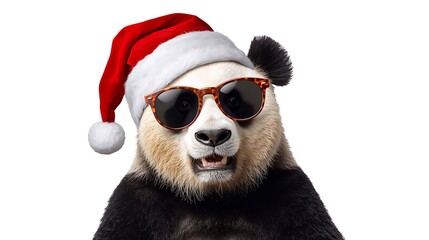 A playful and quirky holiday image featuring a panda wearing a Santa hat and sunglasses